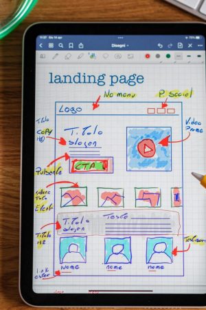 Close-up of tablet showing a hand-drawn landing page design, ideal for web development concepts.