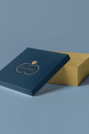 a blue box with a gold logo on it