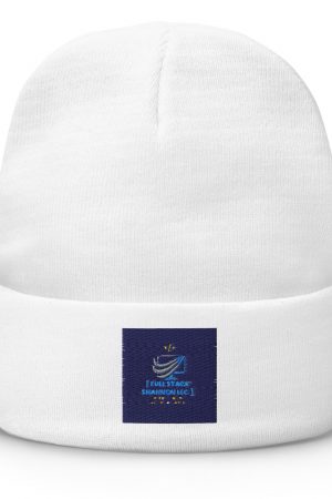 White embroidered beanie with "Full Stack Shannon LLC" logo